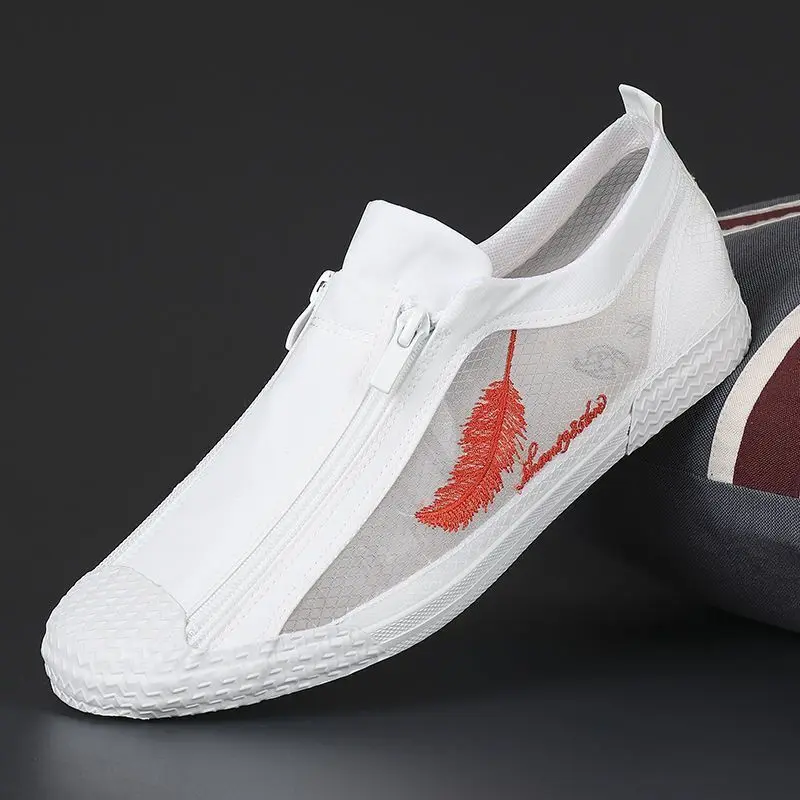 Double Zippers Canvas Flat Loafers Men Vulcanized Shoes for School Boys Casual Breathable Sneakers Men Espadrilles Running Shoes