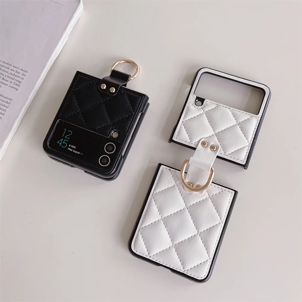 Luxury CC Diamond Checkered Phone Case For Samsung Galaxy Z Flip 4 3 Flip3 Flip4 5G Cover Cute Finger Rings Hinge Leather Cases