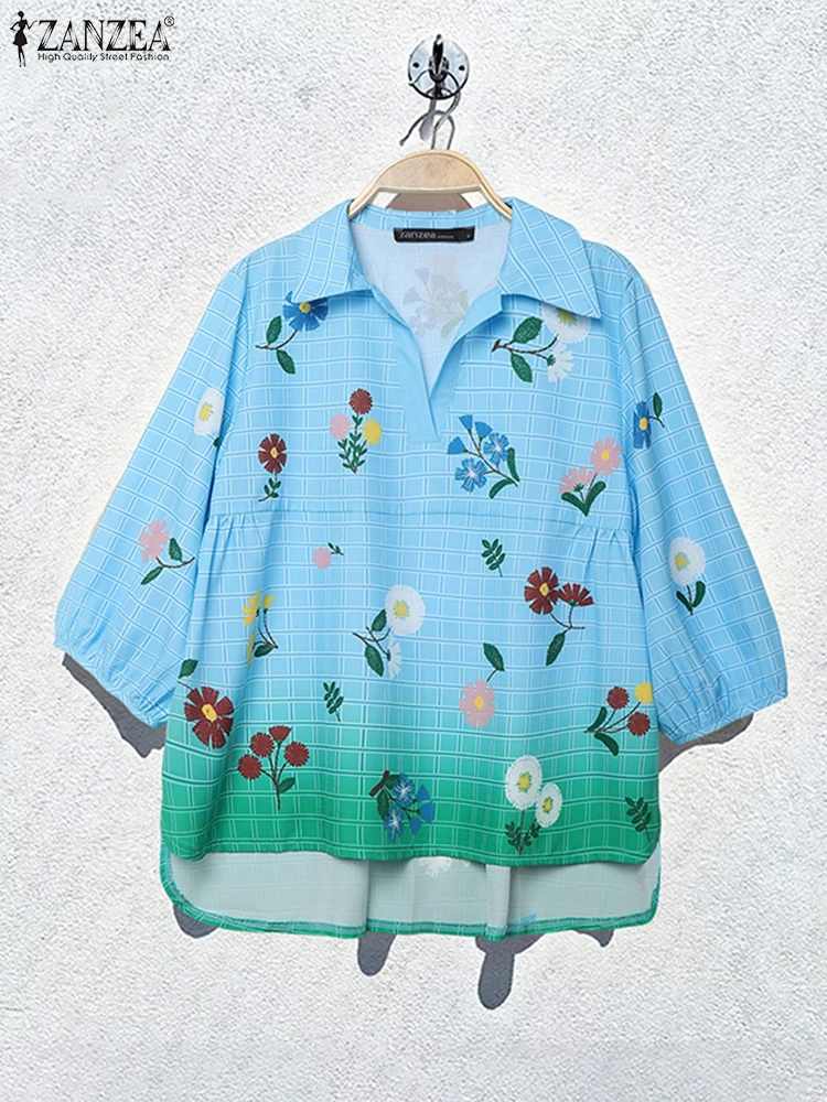 

2025 ZANZEA Fashion Women Blouse Floral Print Gradient Casual Shirts Autumn 3/4 Sleeve Lapel Pullovers Elegant Korean Blusas Top