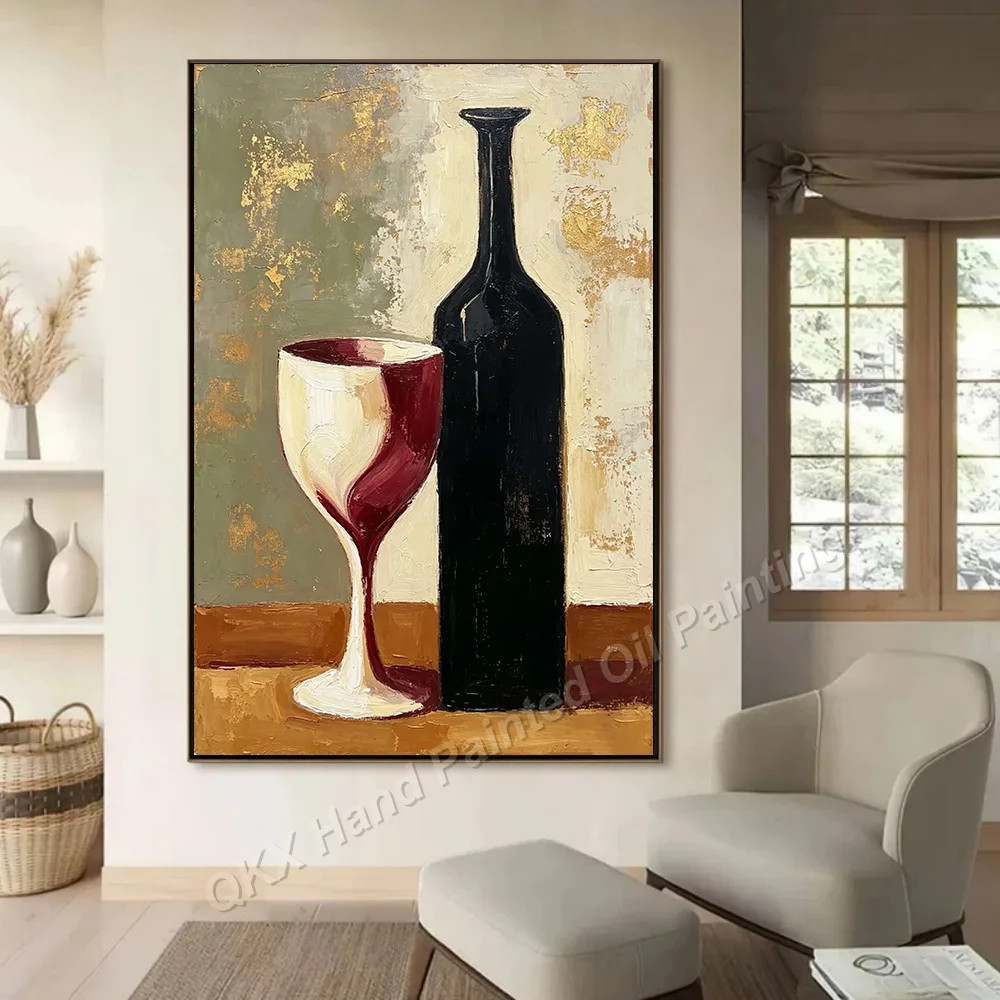 100% Handmade Abstract Oil Painting Original Wall Art Large For Home Living Room Decor, Wine Bottle Goblet Still Life Canvas Art