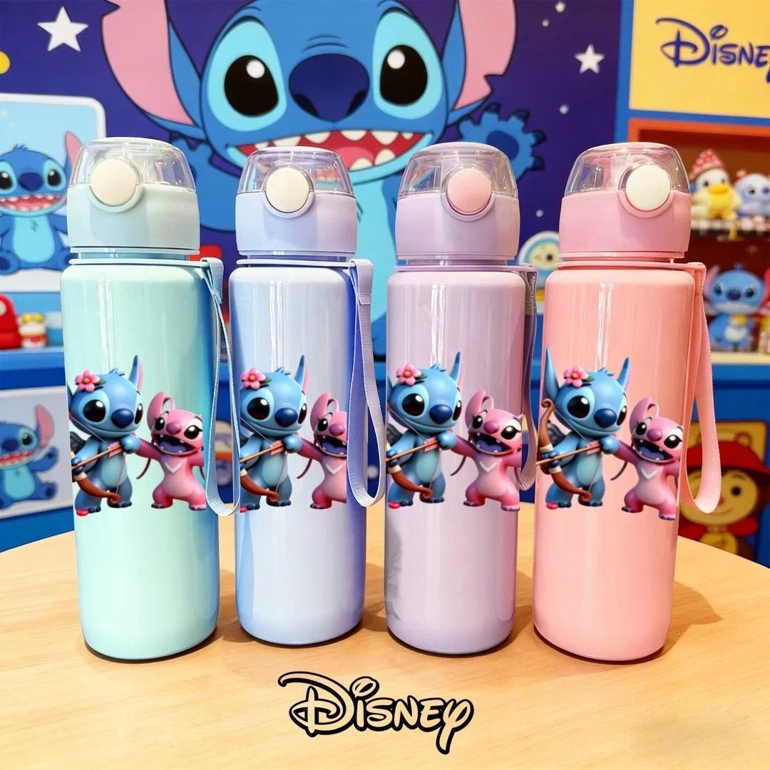 

Бутылка для воды с 3D-принтом Disney Stitch & Angel Archery, новая крышка с кнопкой открывания, многоразовая, легкая дорожная бутылка, прочная.