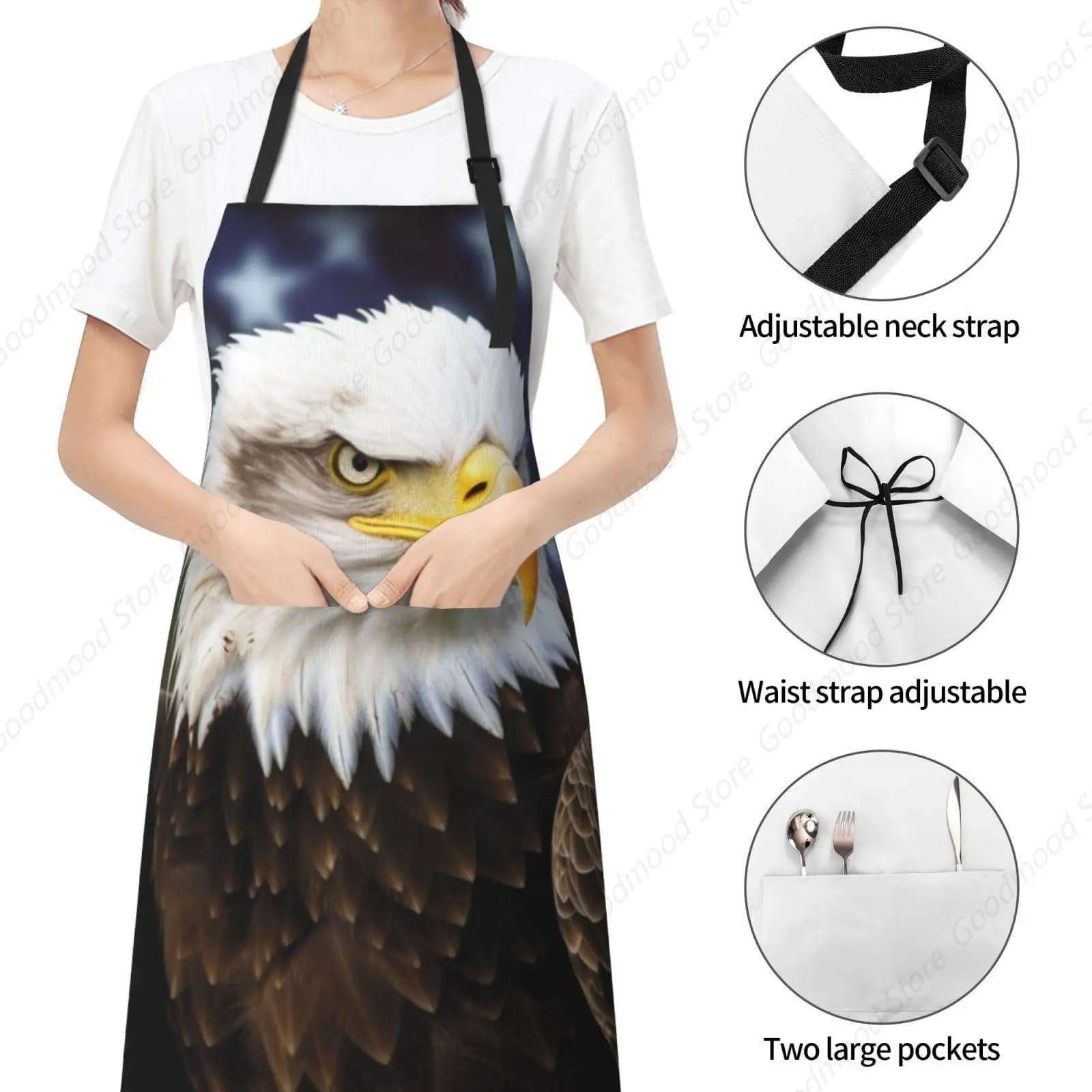 American Bald Eagle Print Apron For Women Waterproof Kitchen Aprons With 2 Pockets Chef Aprons Bib Adjustable Cooking Apron