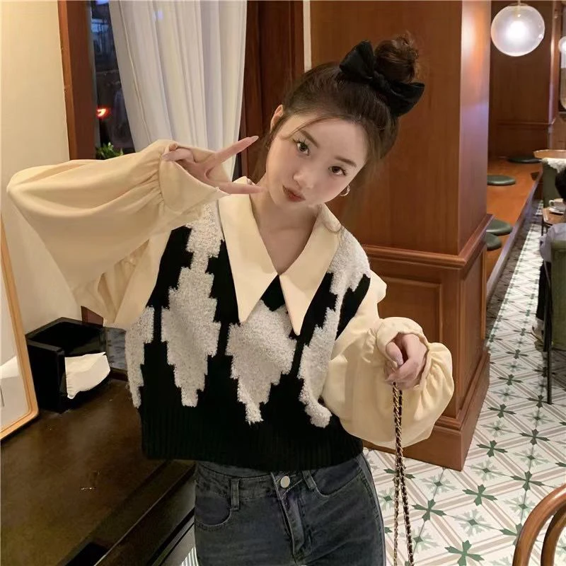 MEXZT Fake Two-Piece Cropped Sweater Women Streetwear Argyle Knitted Pullovers Preppy Sweet Patchwork Knitwear Korean Jumper New