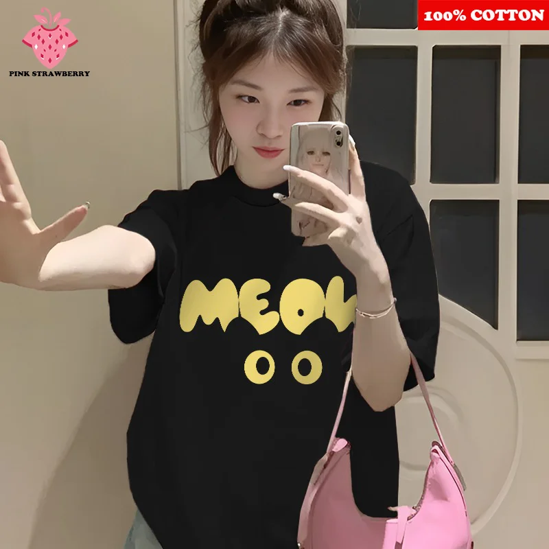 

Korean Cartoon Print Black T-shirt Women Summer 2025 New 100% Cotton Short sleeves T-shirt Loose Casual Y2k Top kawaii clothes