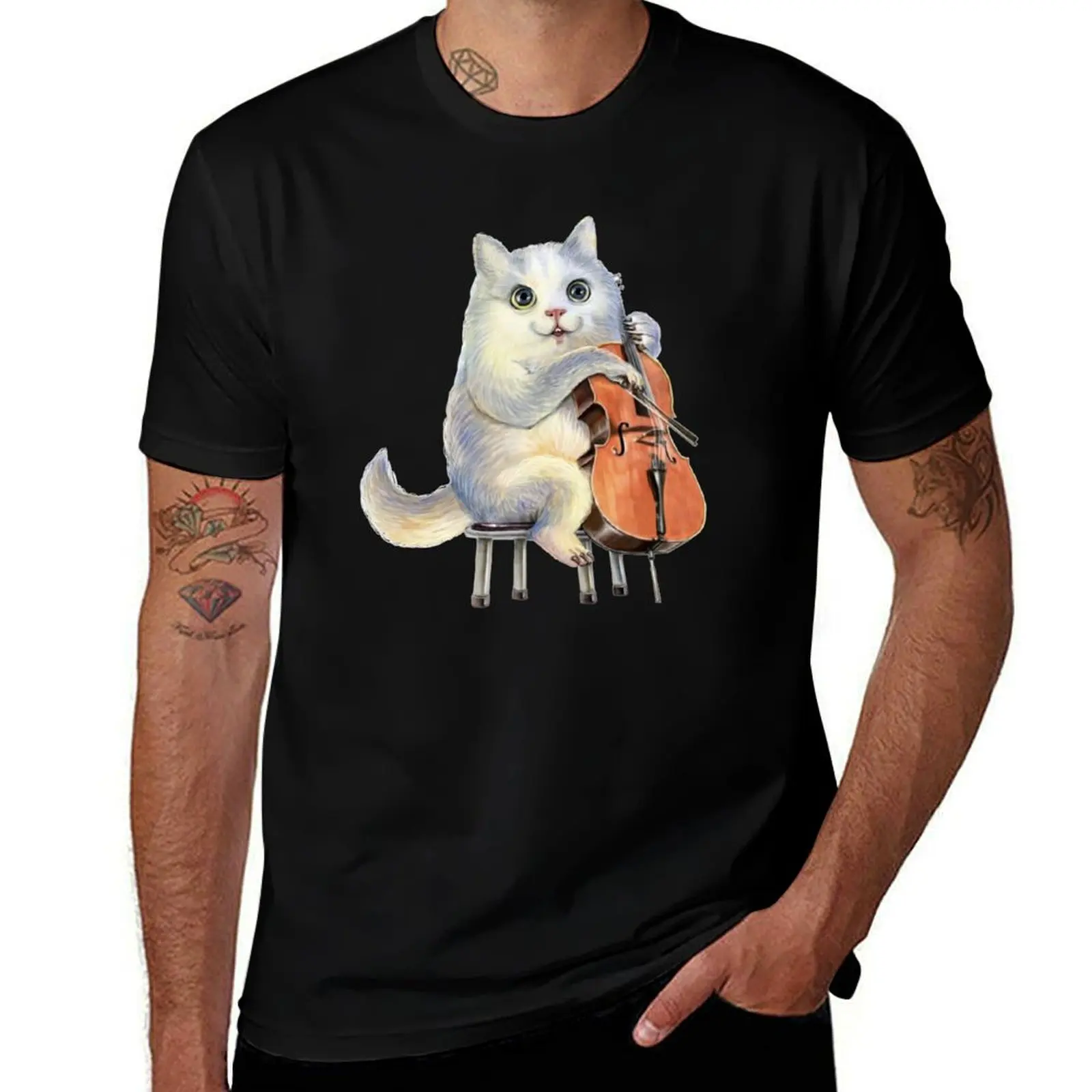 A cute cat playing the cello. T-Shirt t shirts for man cotton soft funny t shirts dark humor man t shirt designer T-shirt