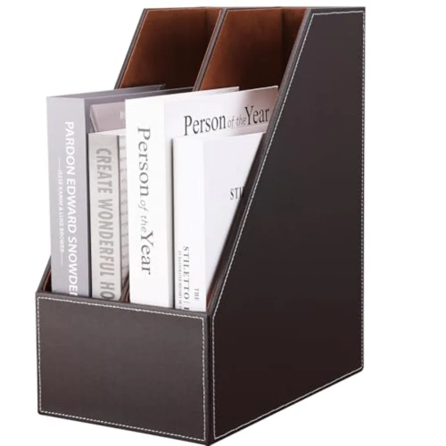 

Wooden Leatherette Desktop File Folder Organizer and Document File Stand Journals Magazine Rack 2 Slots brown