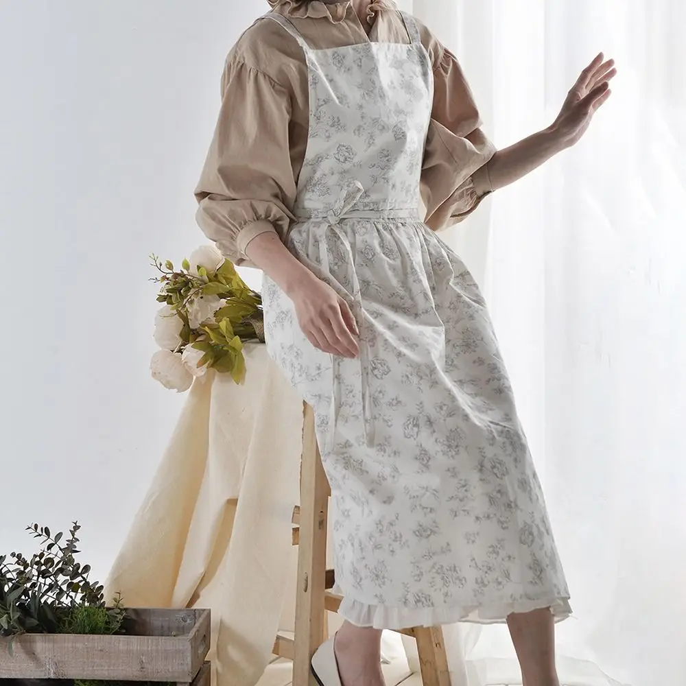 

Cotton Kitchen Cooking Apron Floral Printed French Style Waiter Extended Aprons Elegant Waterproof Cleaning Apron Coffee House
