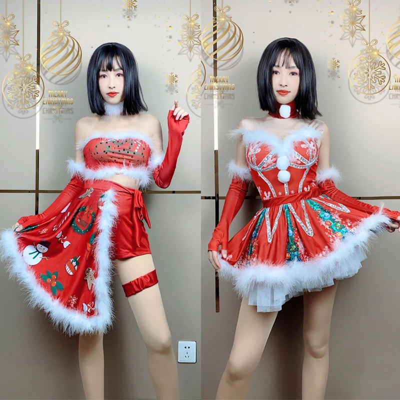 

Christmas Party Red Fur Dress Set Women Celebrate Festival Outfit Jazz Gogo Dancer Costume Dj Ds Stage Performance Wear XS7333