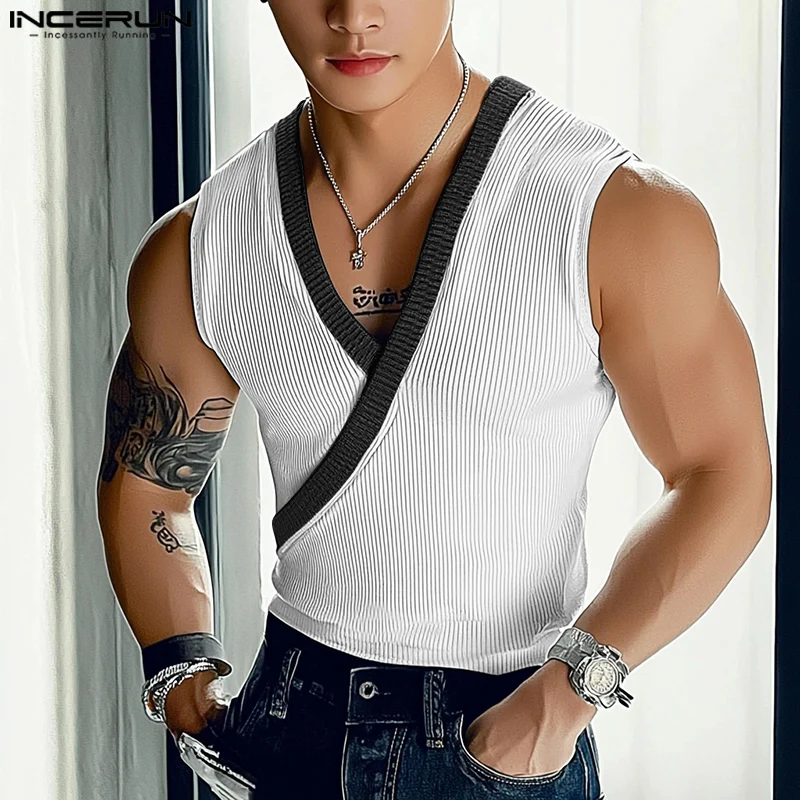 

Summer Sexy V Neck Sleeveless Men Tank Tops Fashion Patchwork Male Tops Tee Streetwear Party Men's Clothing Camisas INCERUN