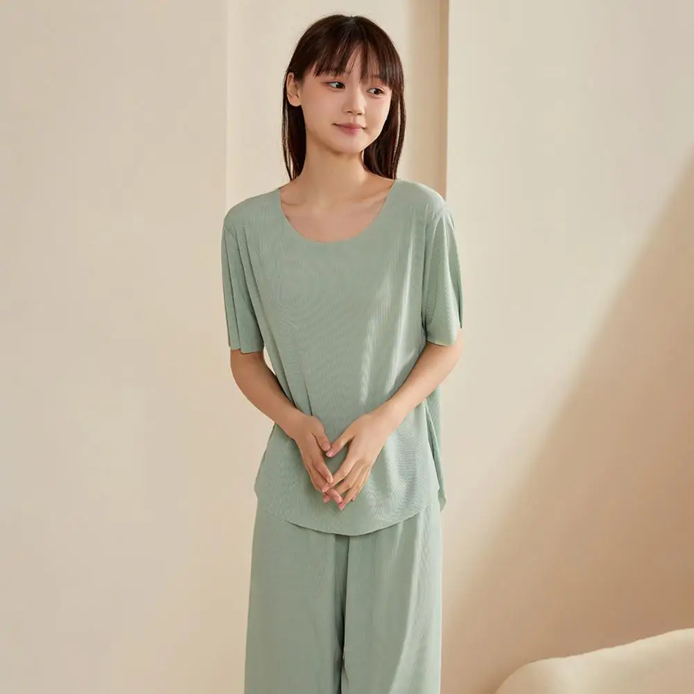 

Summer Women's Ice Silk Pajamas Set Short Sleeved Top Wide Leg for Hot Ice Silk Loungewear for Women Women Milk Silk Pajama Set