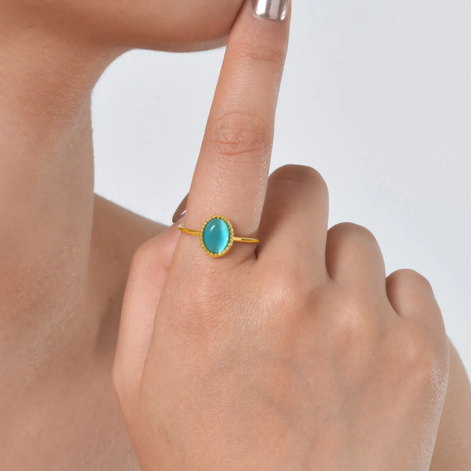 Vnox Vintage Opal Gold Color Rings For Women Stainless Steel Round Open Ring Multicolour Stone Waterproof Jewelry Never Lose