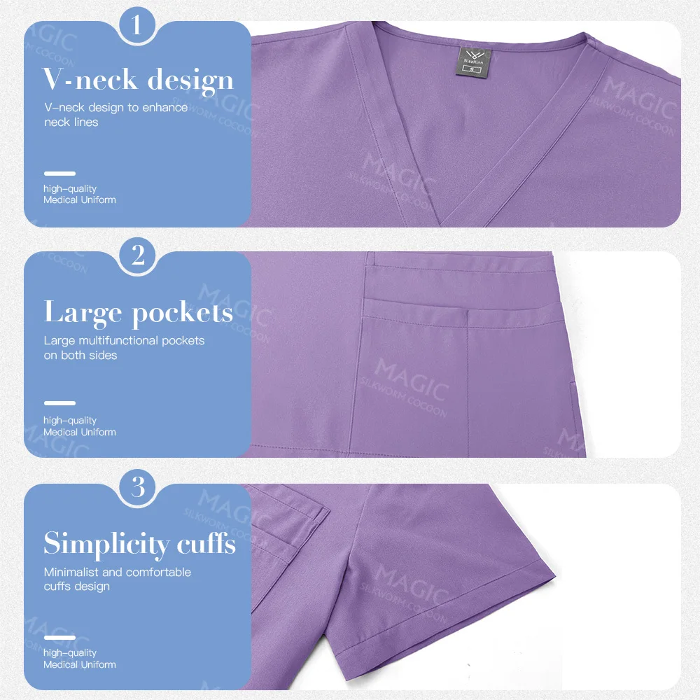 Stretch Scrub Set Medical Uniform Health Service Scrub Tops with Pocket Pants Beauty Salon Workwear Surgery Doctor Nurse Uniform