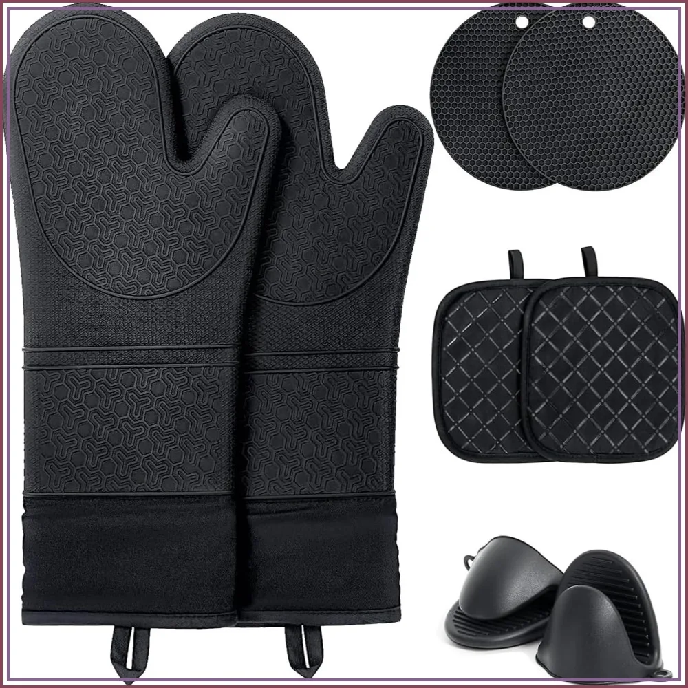 Juego de 8 guantes de horno y soportes para ollas, 480 ° Silicona resistente al calor F, 14.5 pulgadas extra larga, antideslizante, negra