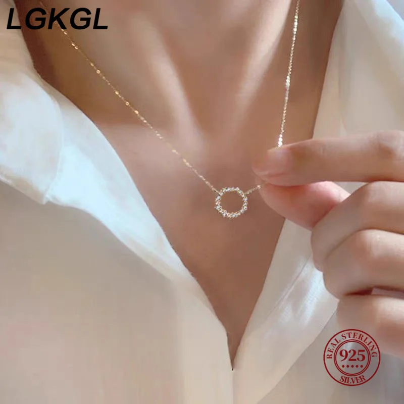 

LGKGL S925 Sterling silver plated 14k gold necklace with zircon full diamond circle light luxury clavicle chain Girl Gift