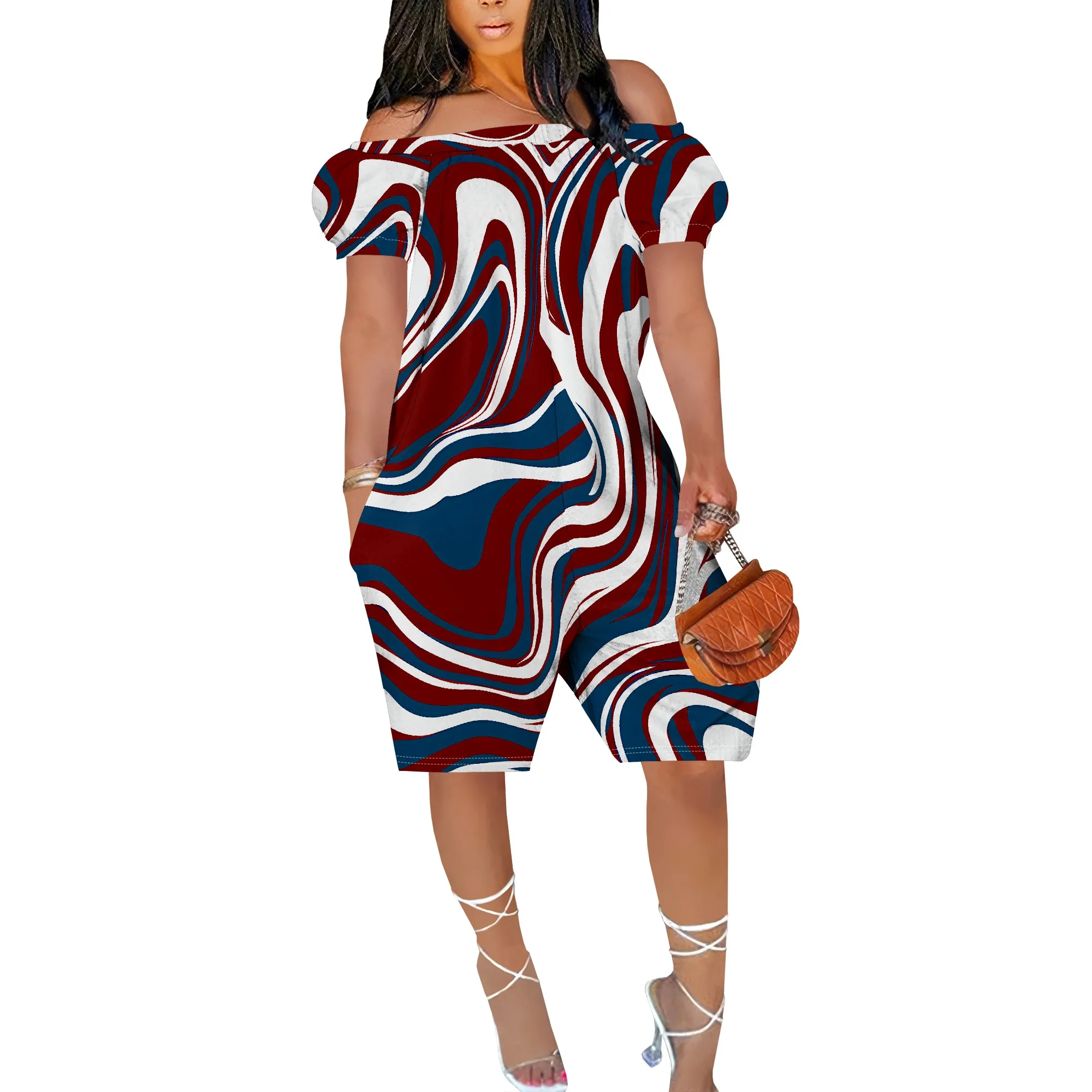 Women's Summer Off Shoulder Loose Print Wide Leg short Pants Jumpsuits One Piece Romper Overalls
