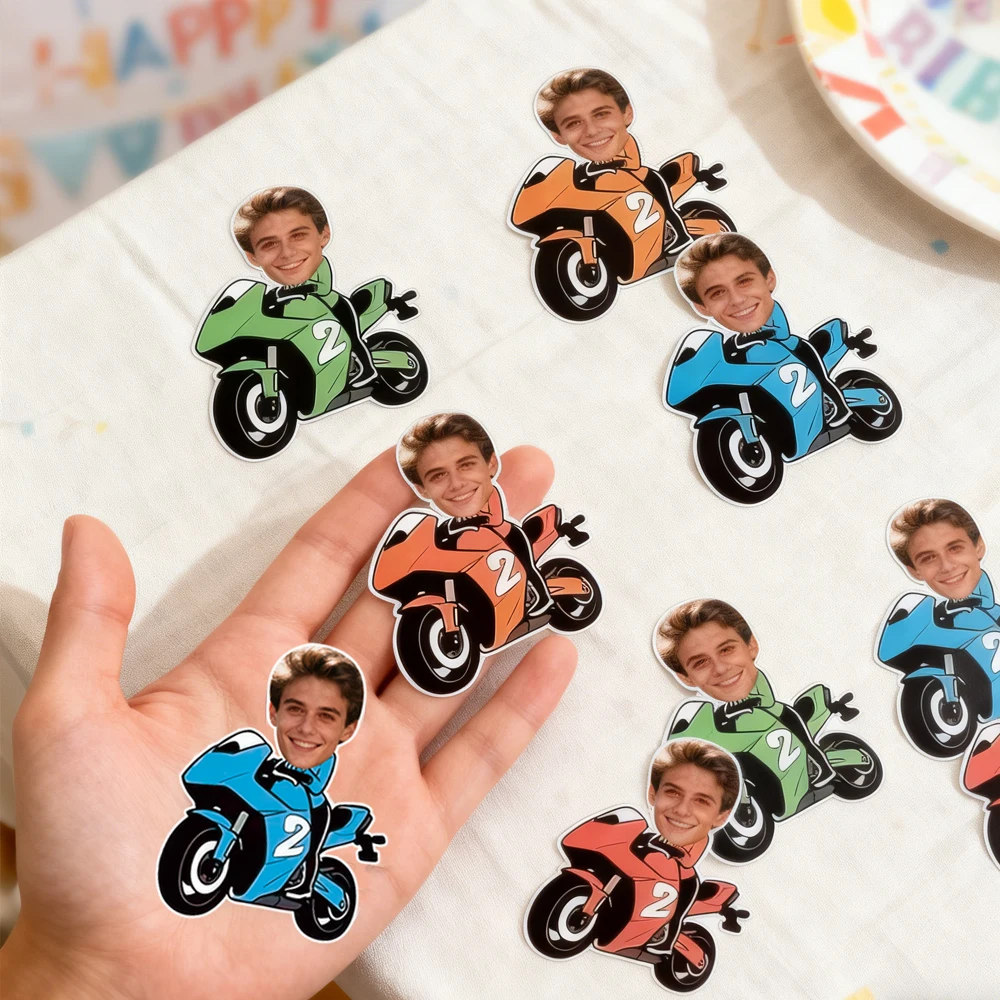 20/40 Stück benutzerdefinierte Motorrad-Party-Papieraufkleber, personalisierte Motorradfahrer, Gesicht, Foto, Motorrad-Themen, Geburtstagsparty-Dekoration