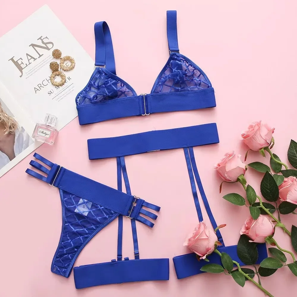 

Mesh Patchwork Exotic Lingerie Set Women Lace Sexy Bra + Panty Underwear Set Garter Hot Erotic Brief Kit