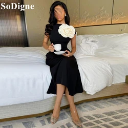 SoDigne Mermaid Black Evening Dresses O-Neck 3D Flowers Pleated Tea Length Cocktail Party Dress Special Occasion Prom Gowns