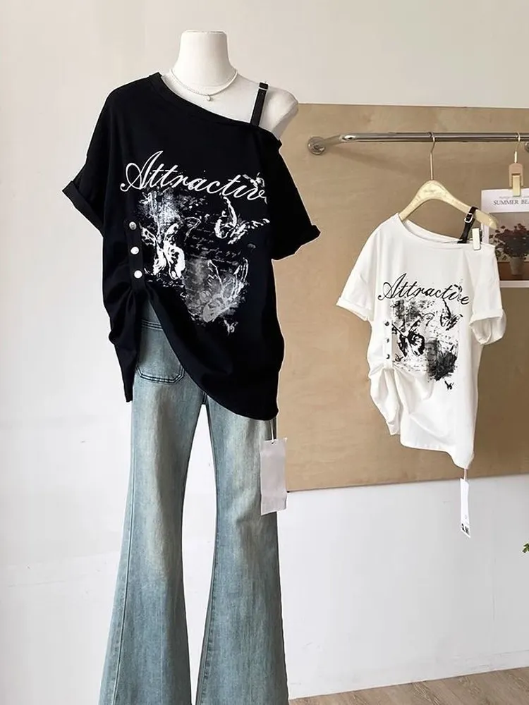 American Sle Oversize Print Large Size Asymmetrical oulder ort Sve Women's Summer Mid-Length Loose Versati...