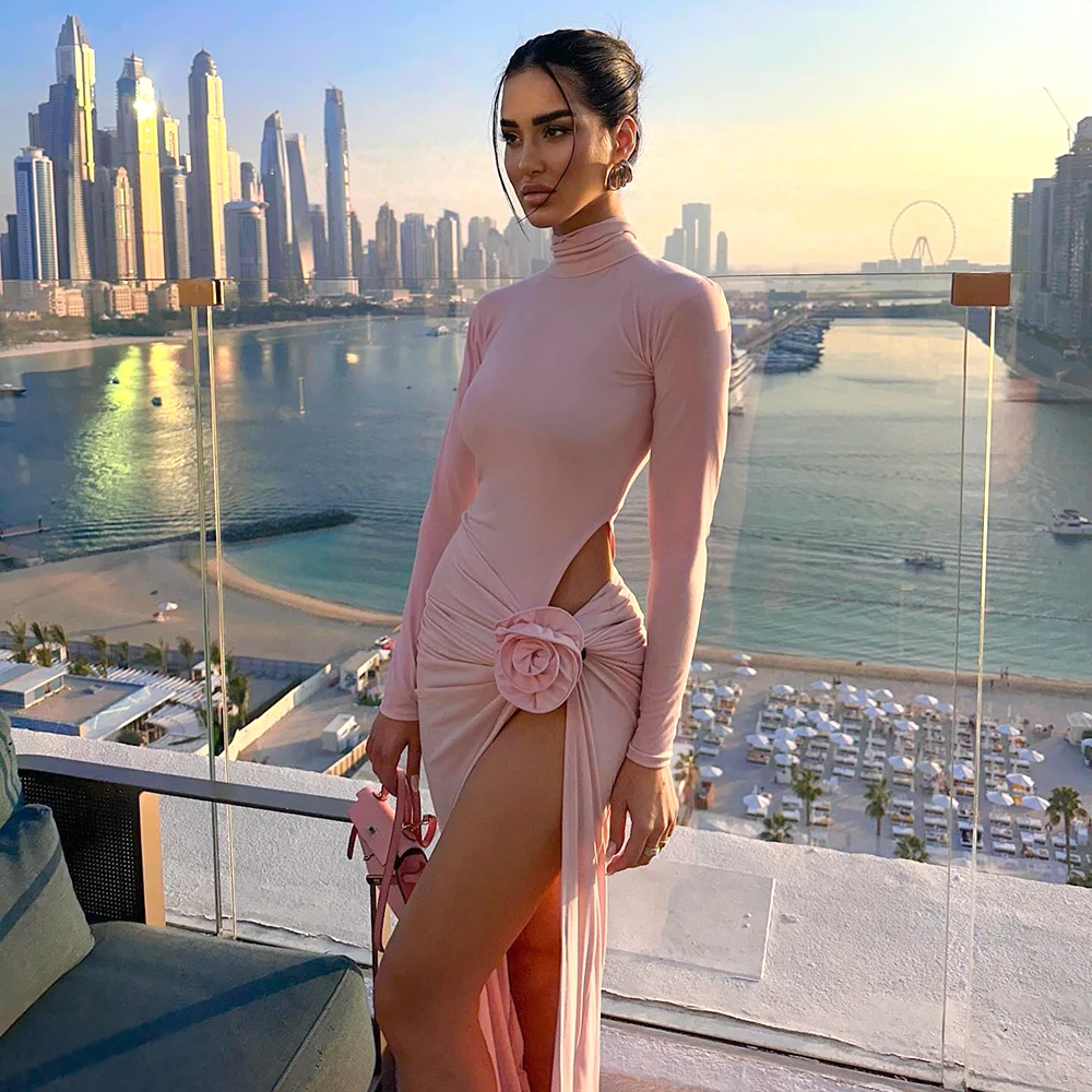

Celebrity Party Pink Long Dresses For Women Chic And Elegant Long Sleeve Hollowed Out 3D Flower Pleated High Slit Gown