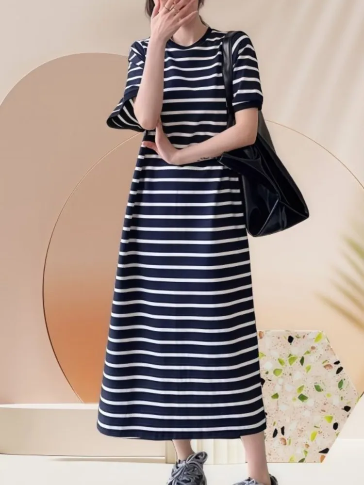 Spring Summer Blue And White Striped Loose Midi T-Shirt Dress Short Sleeve Maxi Dress New Arrival Women's Clothing Dress