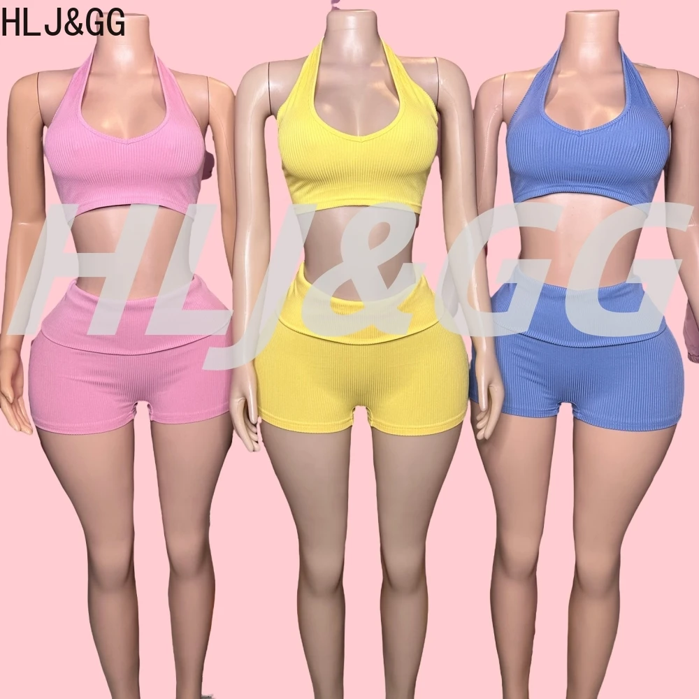 

HLJ&GG Sexy Ribber Halter Bandage Hollow Out Two Piece Sets Women Sleeveless Backless Slim Crop Top And Shorts Outfit Streetwear