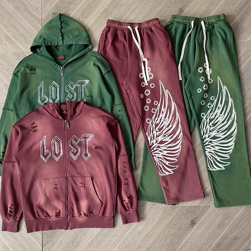

Washed Hole Lost intricacy Set With Diamonds Rhinestone Zip Up Hoodie Men Women 1:1 High Quality Heavy Fabric Unisex Hooded