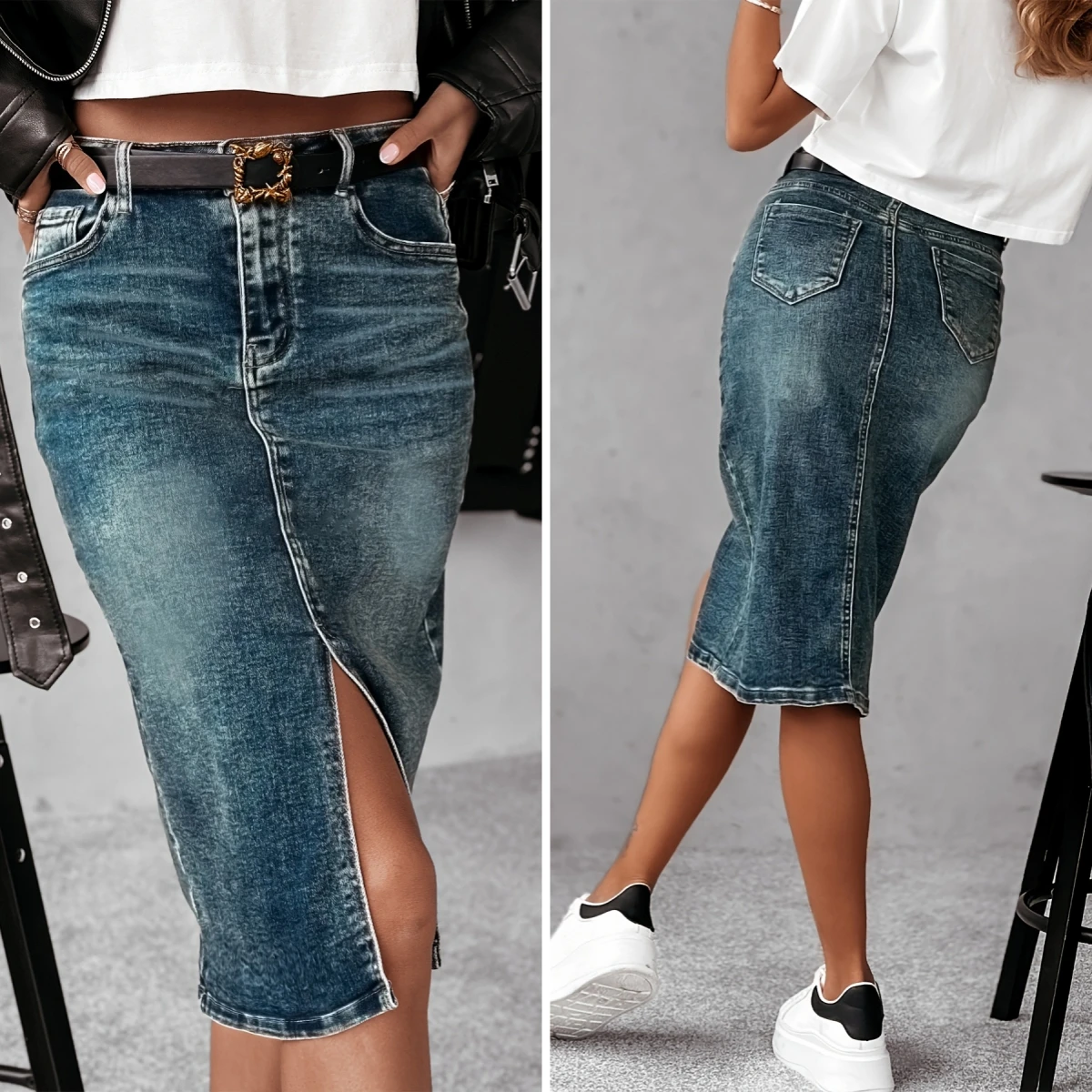 Y2k Pencil Skirt Women Denim Straight Skirts Split Stretch High Waist Washed Distressed Button Pockets 2025 Summer Streetwear