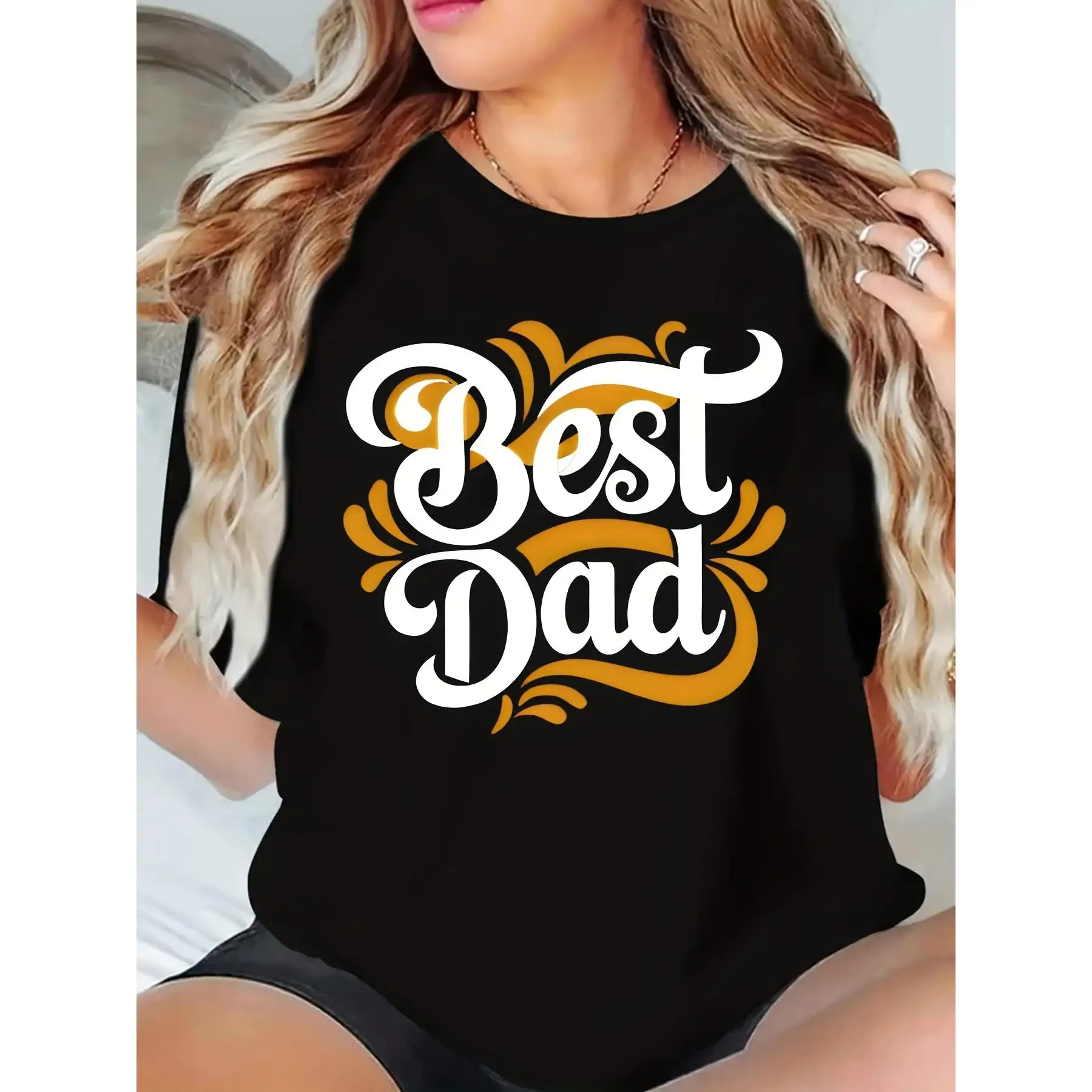 

Women's "Best Dad" Graphic T-Shirt - Black with White & Orange Geometric Print, Short Sleeve Round Neck Casual Summer Top, Machi