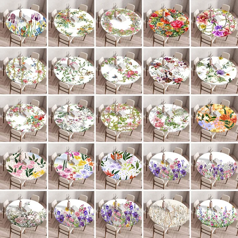 60/90/120/150cm Flower Printed Fashion Table Cover Printed Round Tablecloth Elasticized Table Cover Waterproof Protection Cloth