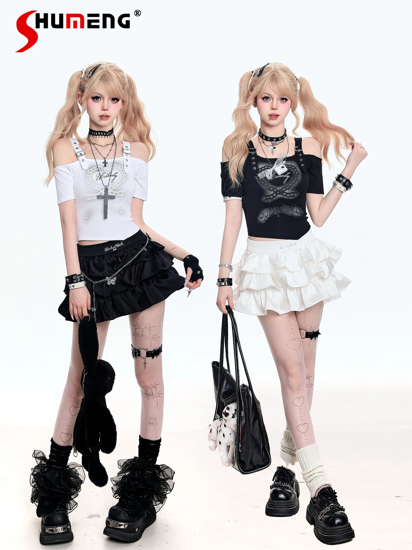 

Subculture Sweet Hot Girl Тонкая футболка с открытыми плечами и короткими рукавами Топы с высокой талией Hot Diamond Cake Мини-юбка Женский комплект из двух предметов