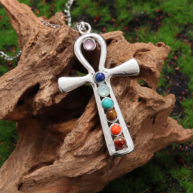 Retro Seven-Color Energy Stone Ankh Cross Pendant Necklace for Men and Women Amulet Jewelry Gift