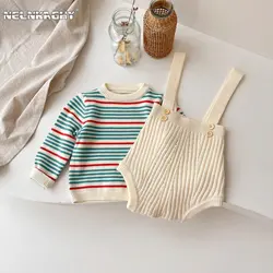 2023 Herbst Frühling Neugeborene Säugling voller Ärmel gestreiften Strick pullover einfarbigen Riemen Overalls Body suits Kinder Baby kleidung