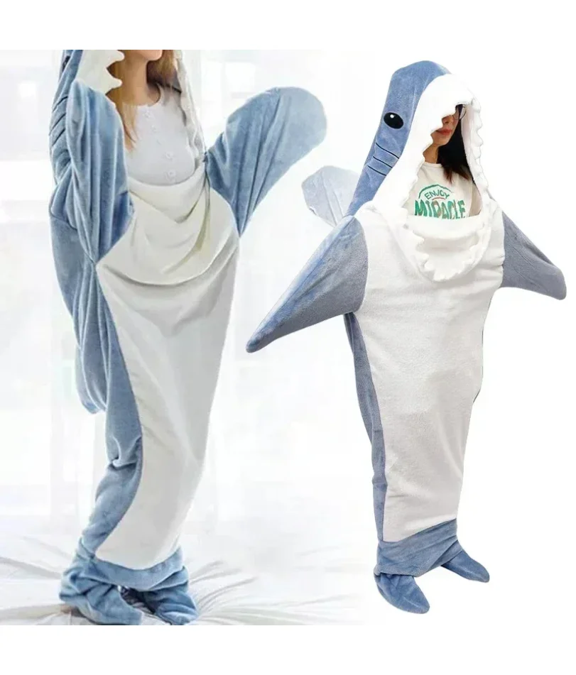 Cartoon Shark Blanket Plaid Women Pajamas Sleeping Bag Robe Shark Blanket Megalodon Gown Adult Homewear Plaid Comfy Bathrobe