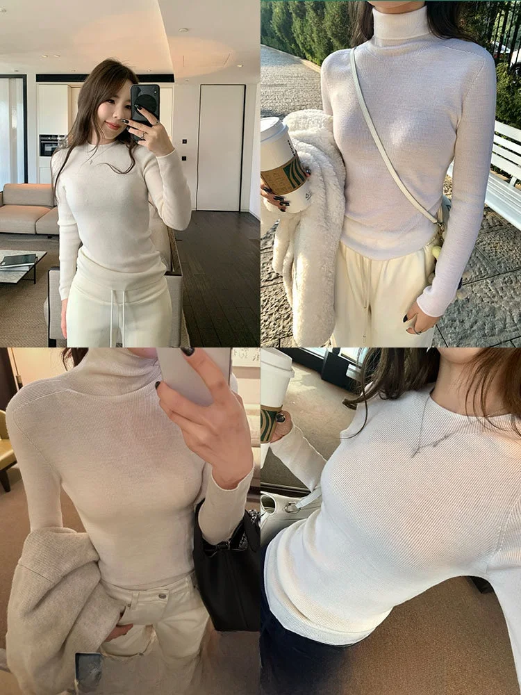 

Xzichic Wool Knitted Base irt round Ne High Ne Long Sve Women's Autumn Winter Casual Sle Slim Fit Pure Color Top