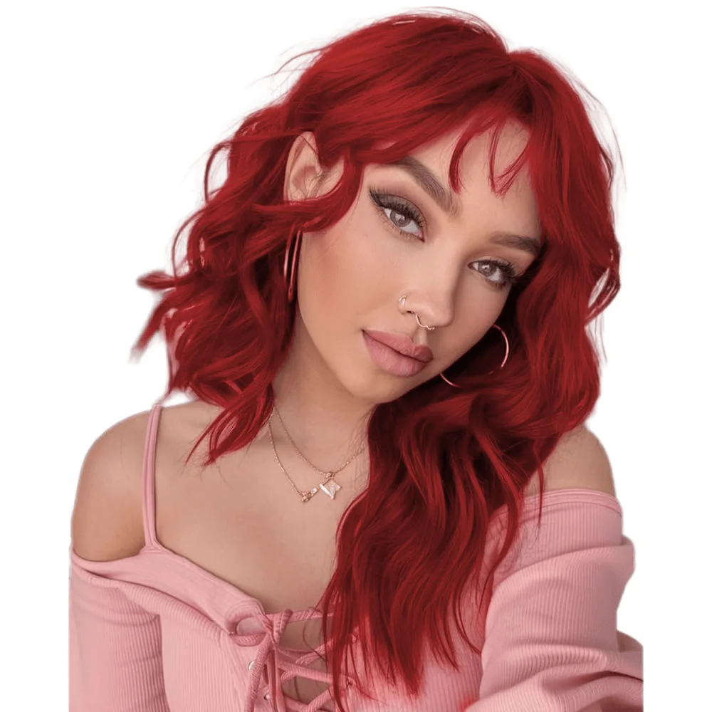 

Красные волнистые парики с челкой, женский короткий красный парик-боб, синтетический, с натуральным видом, термостойкий, из волокна