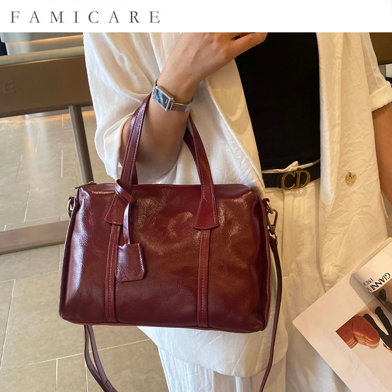 Vintage Waxed Top Grain Leather Crossbody Shoulder Bag Women Fashion Spacious Practical Tote Bag Genuine Leather Handbag