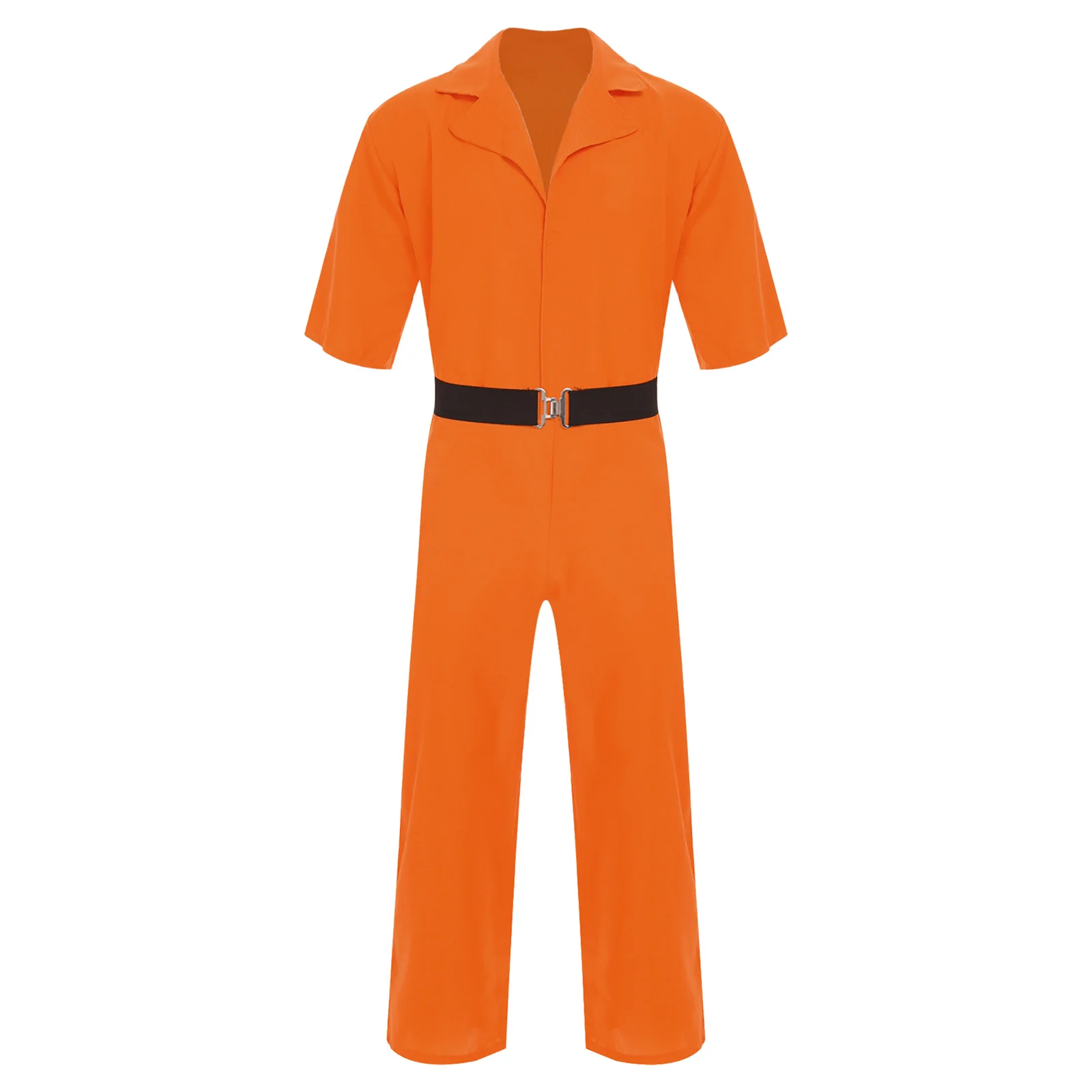 

Men Women Halloween Carnival Prisoner Convict Hail Cosplay Jumpsuit with Waist Belt Inmate Jail Prison Role Play Bodysuit