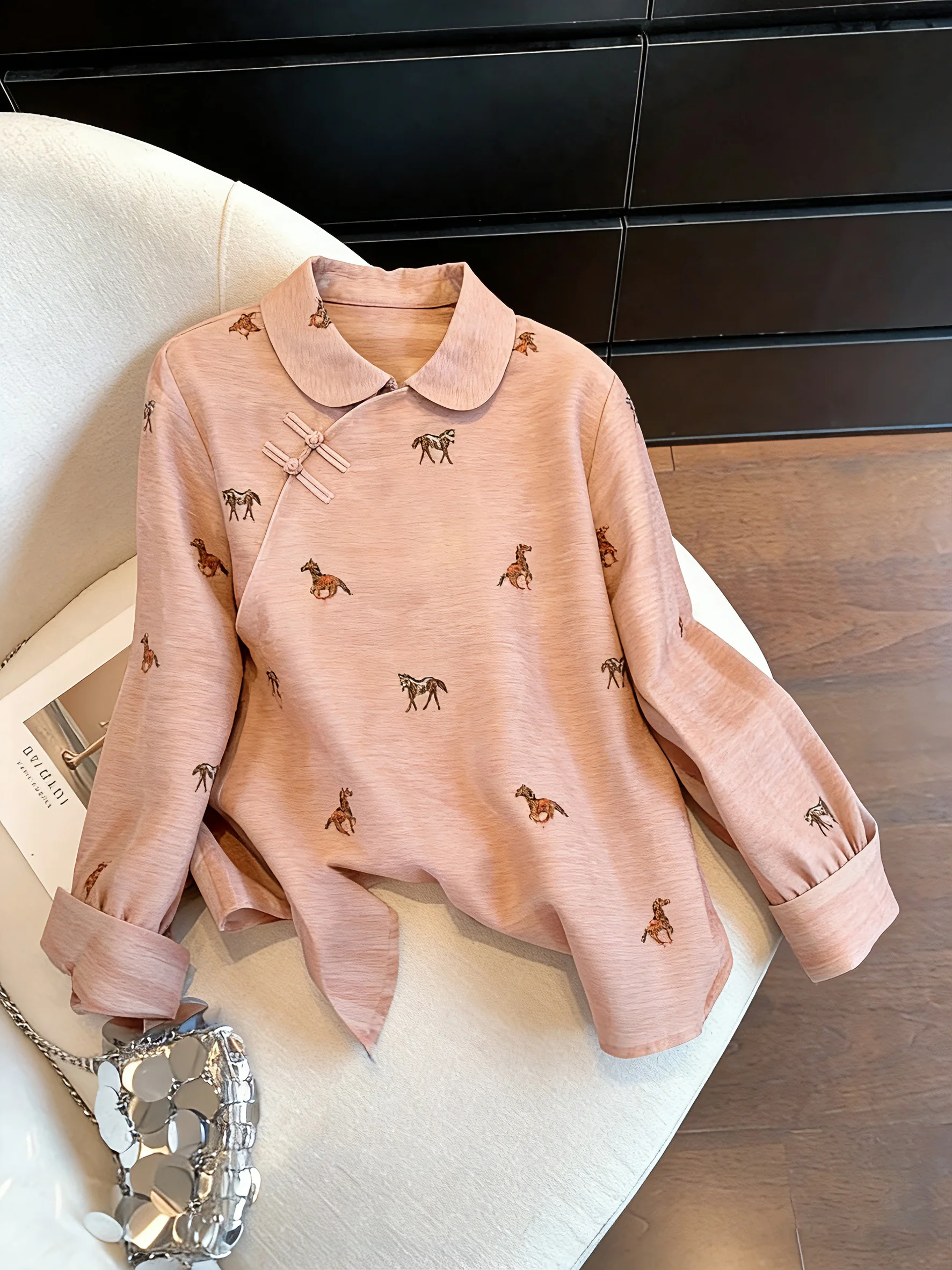 

Retro Court Sle Long Sve irt Pink Floral Print Turn-down Collar Men Women Spring Autumn New Chinese Sle Side Button ...