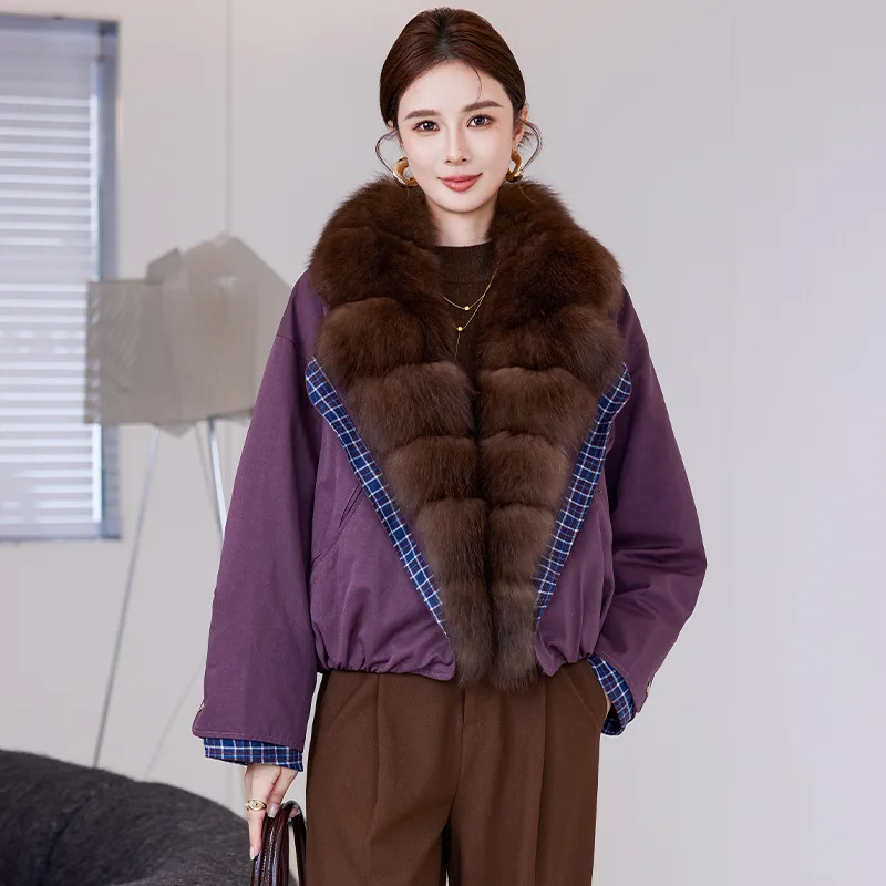 سترة نسائية كبيرة الحجم شتوية فضفاضة تناسب سترة قصيرة مع ياقة من الفرو موضة جديدة للتنقل الأنيق