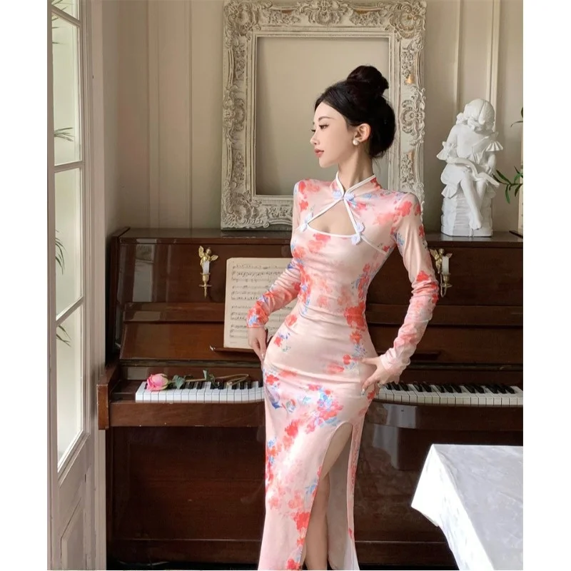 Emagrecimento impresso oco para fora gola longa sve midi dr coreano sle cintura alta seda poliéster primavera outono dr