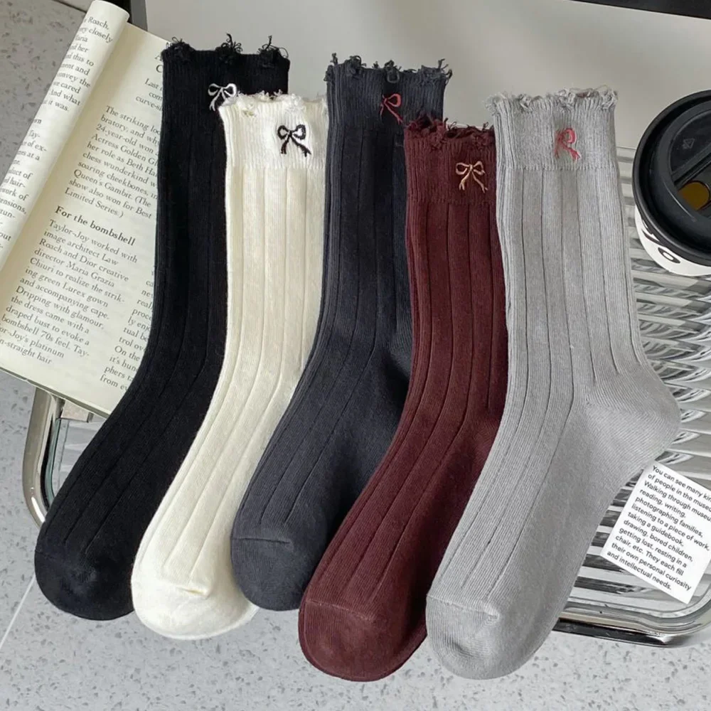 5 Pair Casual Solid Color Women Socks Fashion Stripes Cycling Female Socks Kawaii Embroidery Bow Autumn Winter Long Socks Woman