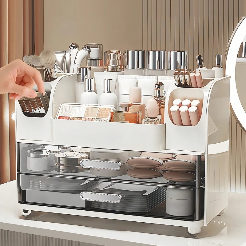 Makeup Organizer with 2 Large Drawers & Brush Holders, Large Capacity Cosmetic Display Case for Vanity, Bathroom Countertop & Desk, White Skincare Storage