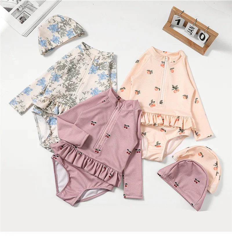 Girl Kids One Pieces Swimsuit With hat SwimwearSwimming Suit Children 2025 Printed Summer Beach Wear
