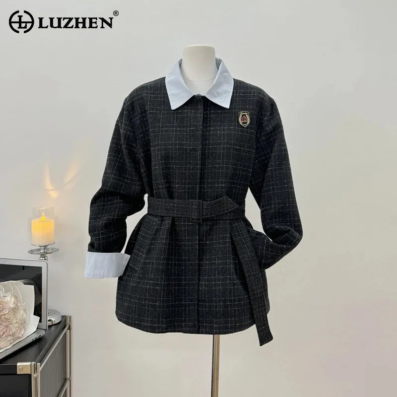 LUZHEN 2024 New Embroidery Pattern Checked Printed Tie Up Waist Design Elegant Temperament Trench Coat Women Windbreaker AA2382