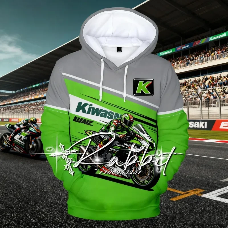 2025 nouveau automne/hiver Kawasaki Racing Team moto course mode rétro sweat à capuche chaud hommes décontracté sweat à capuche ample