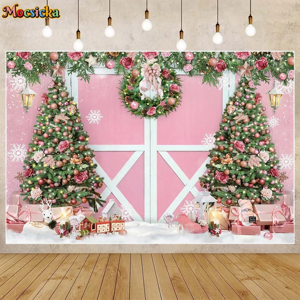 Mocsicka Pink Wall Chrsitmas Backdrop Xmas Tree Bell Wreath Snowflake Baby Kids Birthday Photography Background for Photo Studio