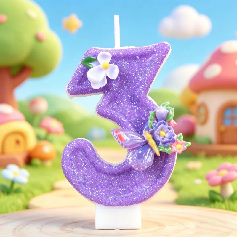 Number 0-9 Candles Girl Birthday Cake Butterfly Lilac Purple Flowers Party Decoration DIY