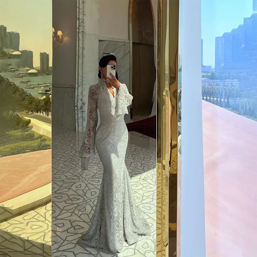 Elegant White Lace Prom Dress Customized V-Neck Long Sleeves Evening Dresses Mermaid Floor Length Arab Dubai Party Gown