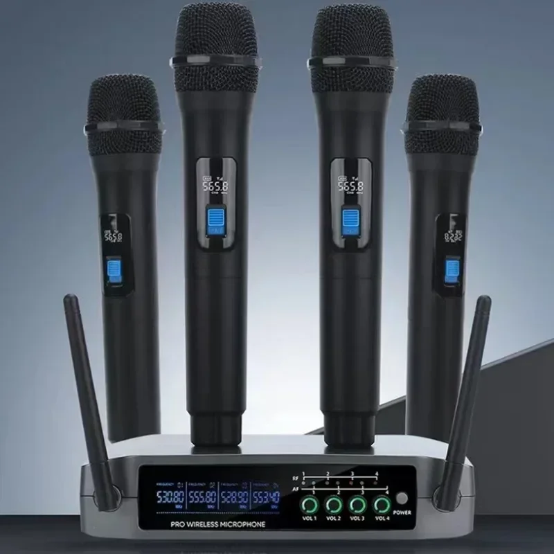 Professional VHF Wireless Microphone System 4 Channel Handheld Karaoke Microphone for Home Party Church Event TV Speaker